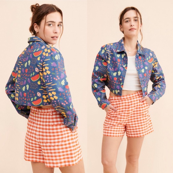 Lisa Says Gah Nuuly Farmers Market Cropped Button Jacket Size XS NWT Blue Fruit - Picture 1 of 8